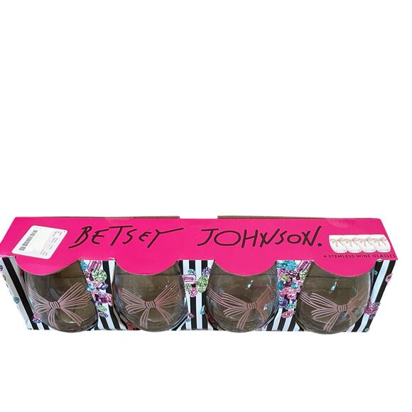 Betsey Johnson Pink Bow Stemless Wine Glasses Set of 4 Valentine's Day New - Picture 5 of 16